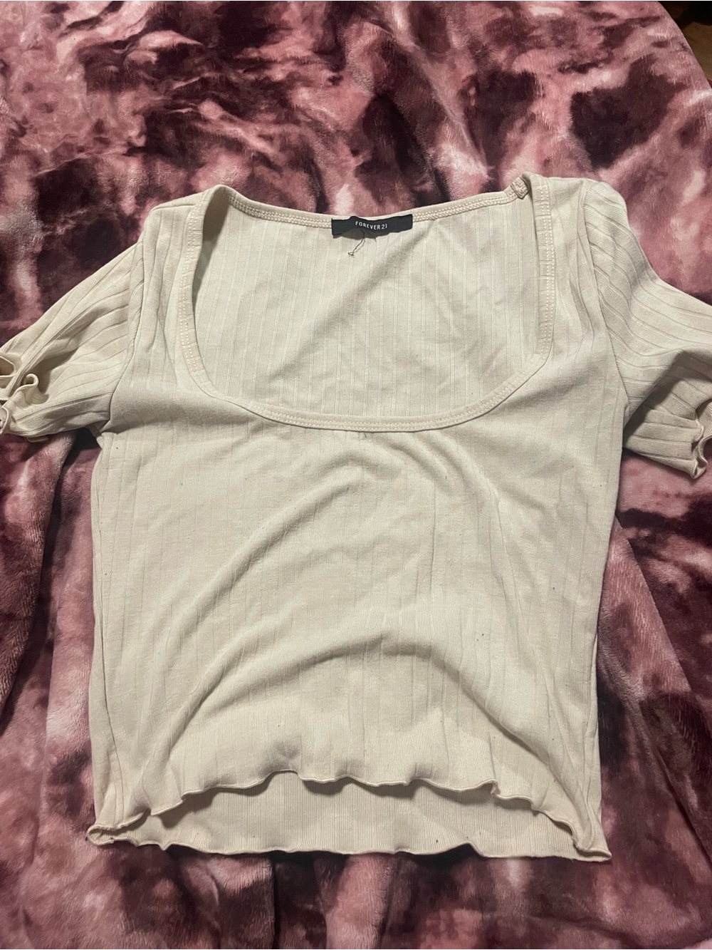 Forever 21 Light Cream Ribbed Scoop Neck Short Sleeve Top
